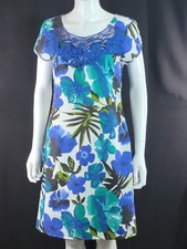 Boden Blue Floral Print Summer Dress Holidays UK 12 100 Cotton Embroidered Neck