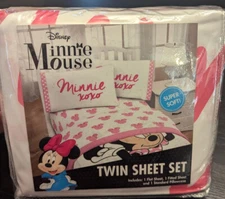 Disney Twin Sheet Set Pillowcase Minnie Mouse Bedding Pink White NEW in package