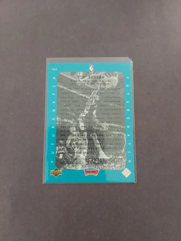 97-98 Sp Authentic Tim Duncan Rookie Rc Future Watch #165 Spurs - Image 2 of 2