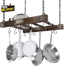 Hanging Pot Rack Pan Ceiling Wall Mounted Hanger Multi Purpose Rustic Wood......