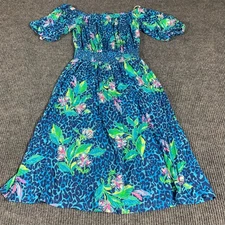 Lilly Pulitzer Dress Womens Medium Blue Floral Fit Flare Off Shoulder Coastal