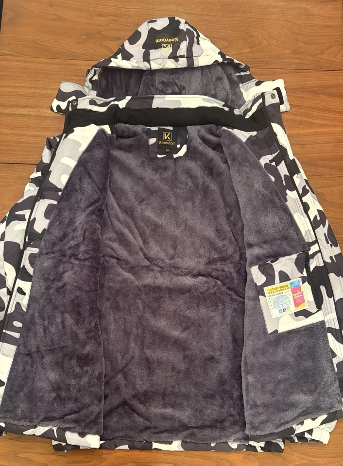 Keevoom Hombre Impermeable Esquí Chaqueta Blanco y Negro Camuflaje Piel Forro Talla XXL Foto 2 de 4