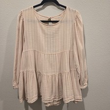 American Eagle Shirt Tiered Pink Beige Babydoll Blouse Open Back M Boho Peasant
