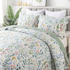 Floral Quilt King Size - 3 Pieces Microfiber King-106" x 96" Green  White