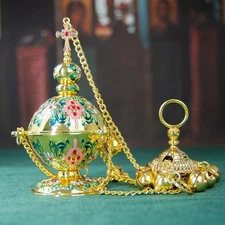 Orthodox Incense Burner 12 bells Gold Plated Censer Enamel Home Hanging Charcoal
