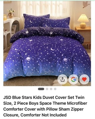 JSD Blue Stars Space Kids Set Twin 2 Piece. Duvet Cover W/Pillow Sham. New
