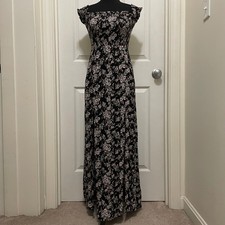 American Eagle Outfitters Off Shoulder Maxi Dress Black Floral Slits Cottage XS