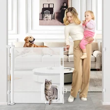 Retractable Baby Gate with Cat Door 55" Wide Retractable Baby Gate for Stairs Me