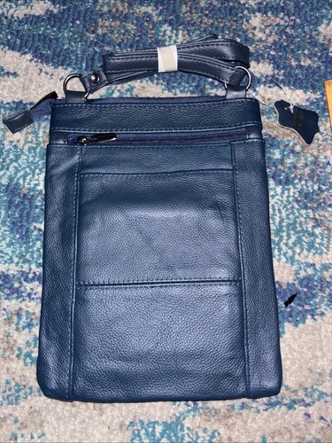 Women's Navy Blue Leather Crossbody Bag Shoulder Purse Outside Pockets 10x7.5 - Picture 5 of 8
