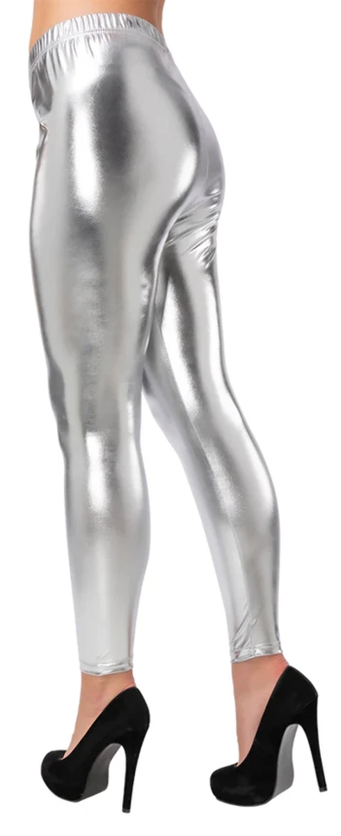 Silver Leggings Metallic Disco Pants Ladies 70s 80s Fancy Dress Accessory