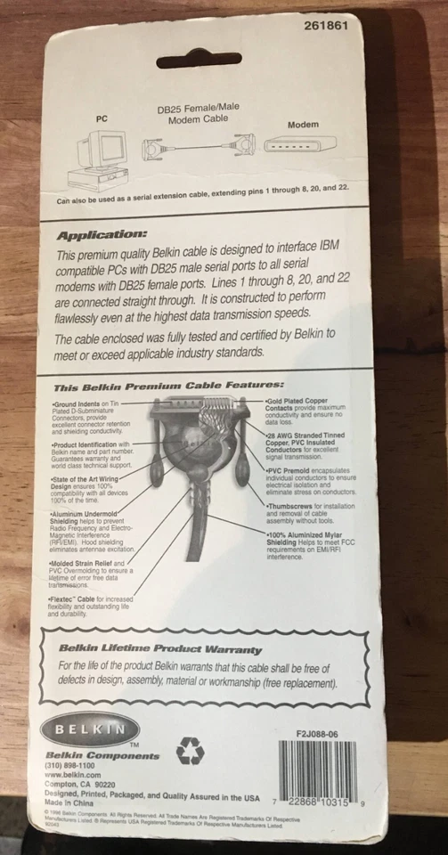BELKIN F2J088-06 DB25 Female / DB25 Male 6' feet Modem Cable Pro Series - Image 2 of 2
