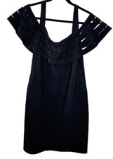 Adrianna Papell Mesh Illusion Dress 14 Black Women Off Cold Shoulder Lined Short