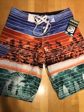 Men  s Board Shorts Swim Trunks Distortion Size S Tropical Orange Blue Green NWT