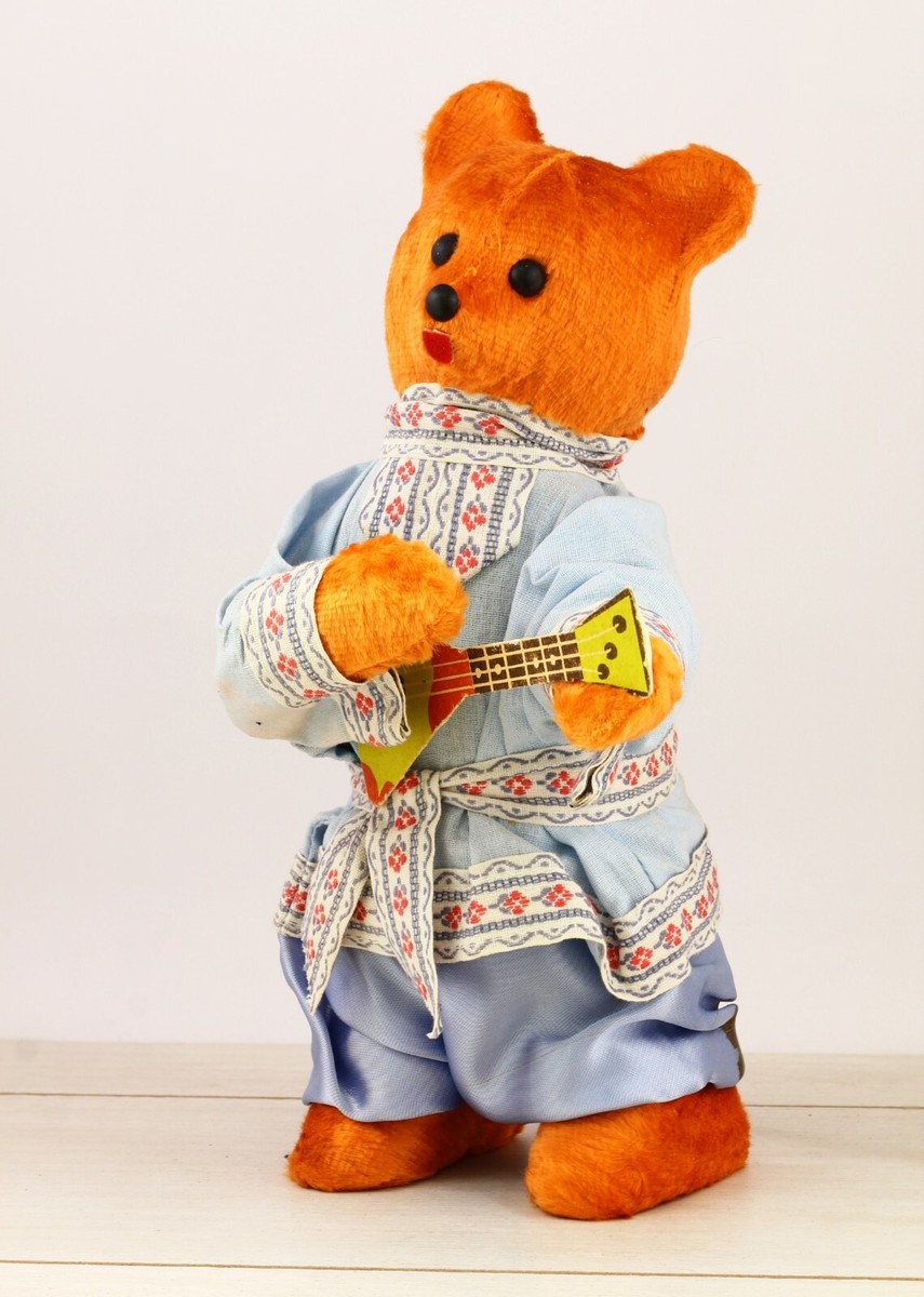 RARE Vintage wind-up USSR Plush Bear with balalaika