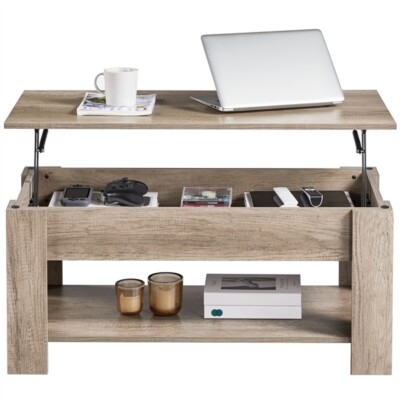 Modern Lift Top Coffee Table w/Hidden Storage & Open Shelf For Living Room Gray