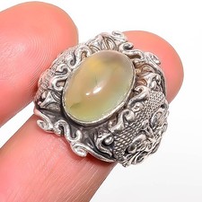 Prehnite Gemstone 925 Sterling Silver Handmade Boho Ring s.9.5 T52