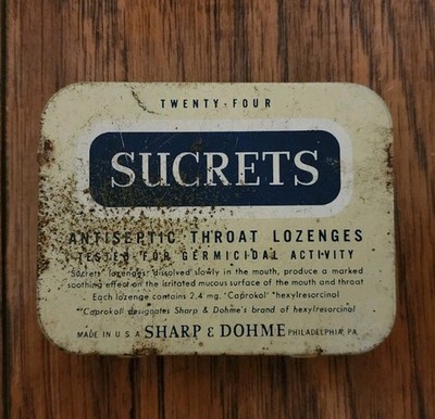 1960'S EMPTY SUCRETS 24 ANTISEPTIC THROAT LOZENGES METAL BOX MERCK SHARP & DOHME