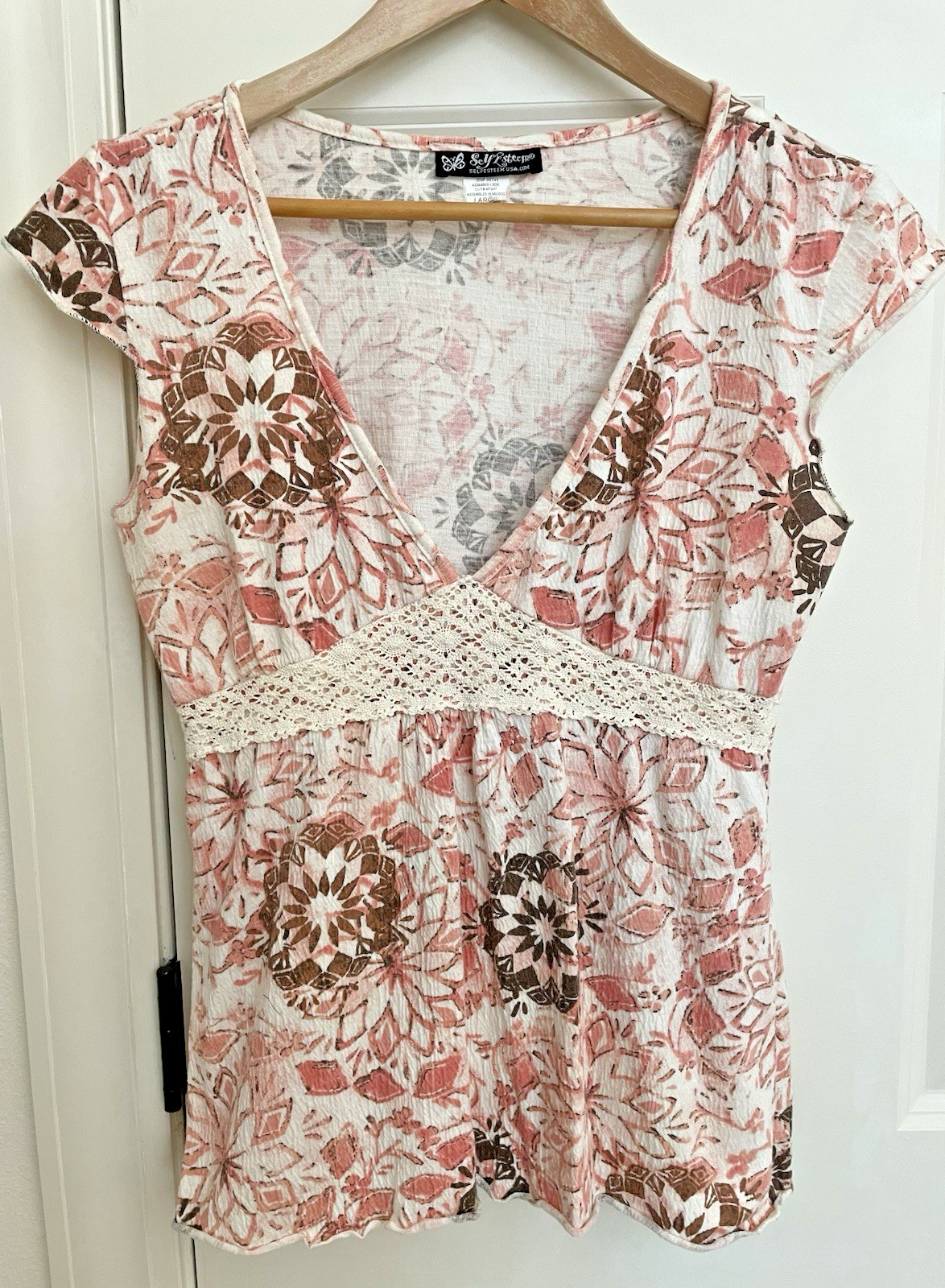 VTG Y2K Self Esteem Babydoll Tee L Crochet V Neck Floral Pink Empire 90's Fairy