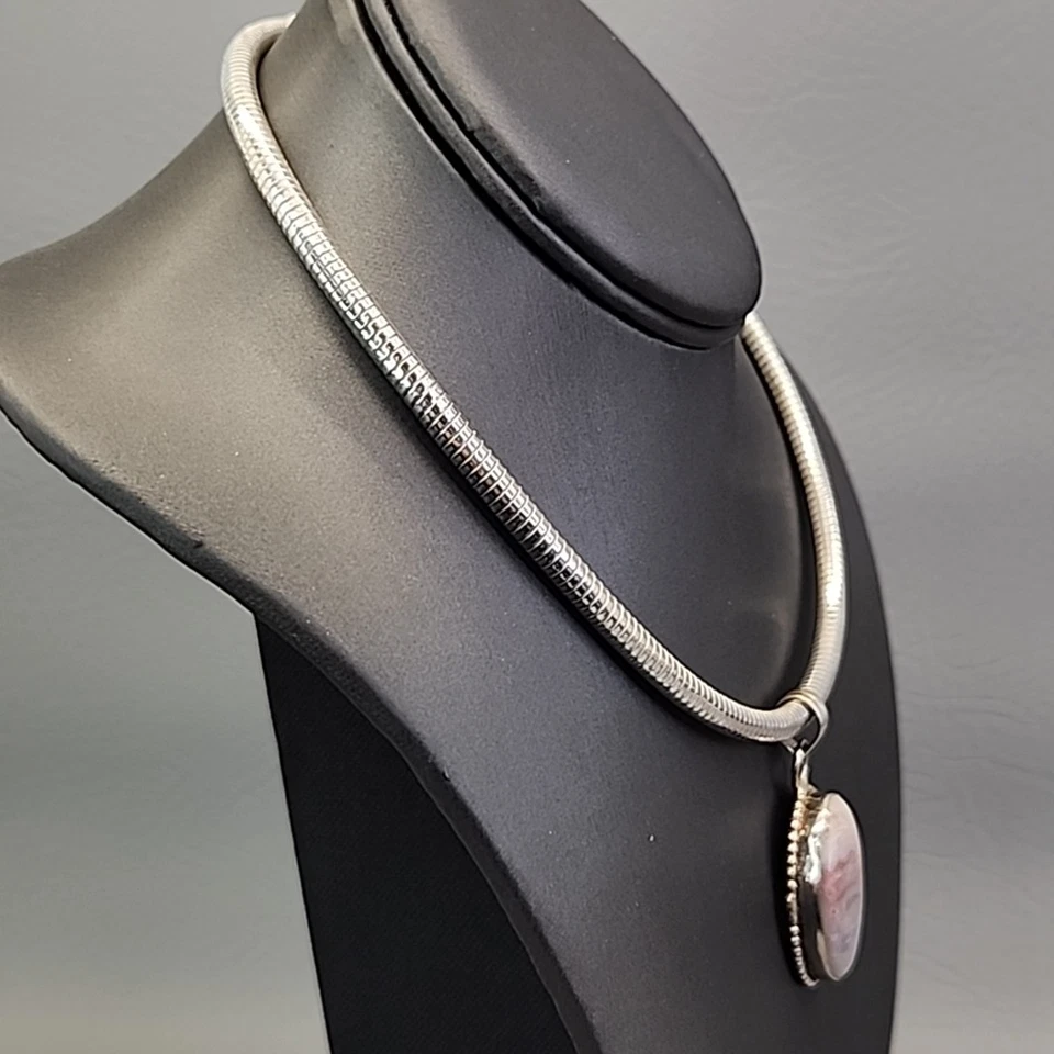 Gargantilla Colgante Ágata Plata de Ley 925 Piedra Rosa Omega Cadena 16" Foto 3 de 4