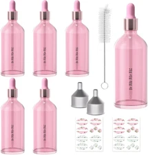 6 Pack Pink Glass Boston Bottles with Glass Scale Eye Droppers, Cosmetic Dropper