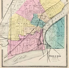 1872  TOLEDO OHIO Map ORIGINAL  15.5X12 MAUMEE RIVER - WARDS - WALLING GRAY