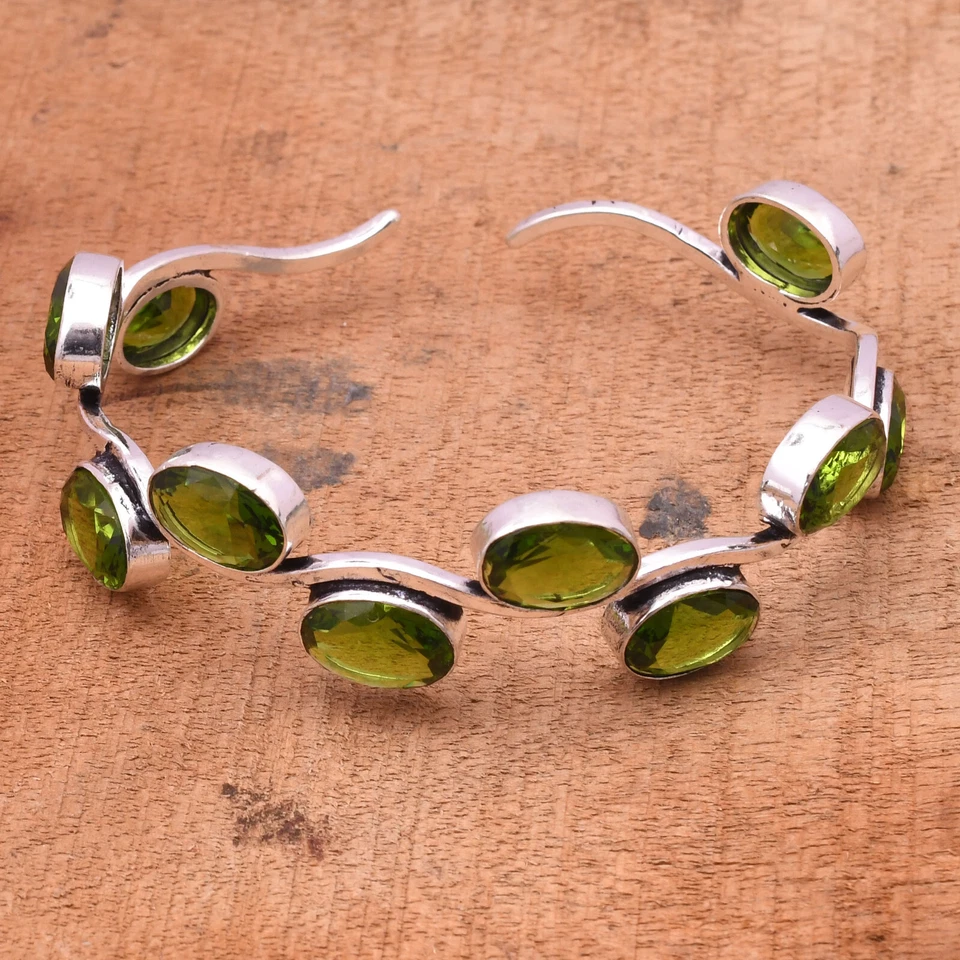 Peridot Cuff Gemstone 925 Sterling Silver Jewelry Bracelet Bangle Cuff Adj. - Image 2 of 4
