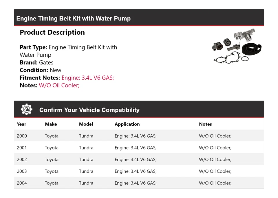 Kit de correa de distribución de motor Toyota Tundra 2000-2004 con puertas de bomba de agua 2001 Foto 2 de 3