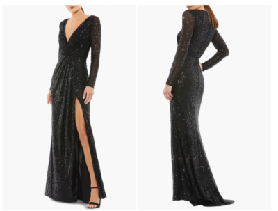 に MAC DUGGAL 26490 SEQUINED LONG SLEEVE BLACK THIGH SLIT GOWN sz 4