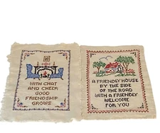 Vintage Pair of Cross Stitch Wall Hangings Friendship Quotes Unframed