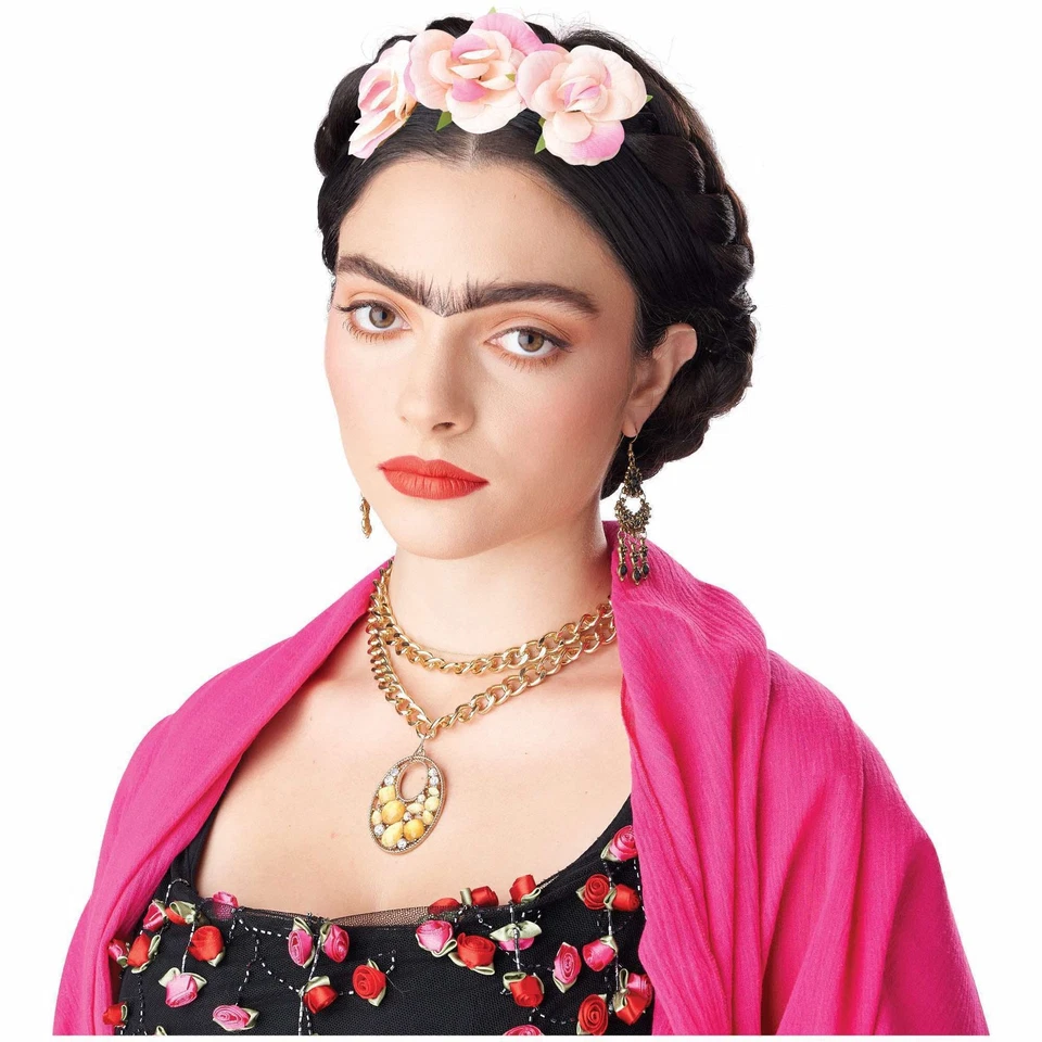 Folk Artist Frida Mexican Painter Brown Womens Wig Braid Clip-In Flowers - Image 2 of 3