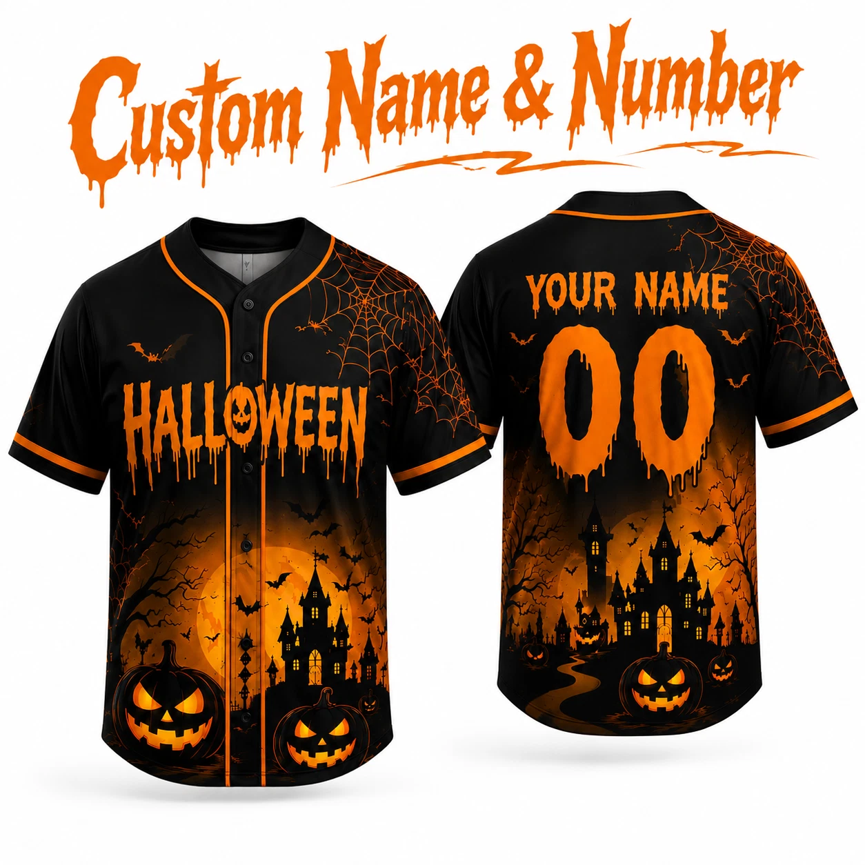 Jack O Lantern Pumpkin Halloween Baseball Jersey Men Short Sleeve Button Down