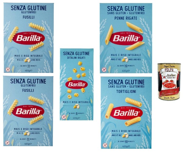 Barilla Glutenfreie Pasta Testpaket, 5X400G, Fusilli, Penne, Tortiglioni+Polpa-image