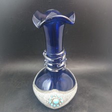 Stunning Cobalt Blue Art Glass Vase, Hand Applied Metal With Faux Turquoise OBO