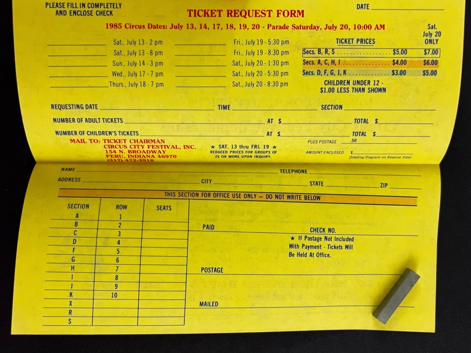 1985 Circus City Festival Peru Indiana Vintage Travel Brochure Ticket