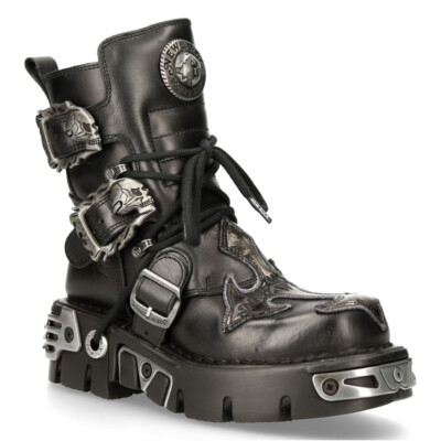 NEW ROCK 407-S1 Silver Cross BOOTS Black Leather Gothic Punk Biker Shoes