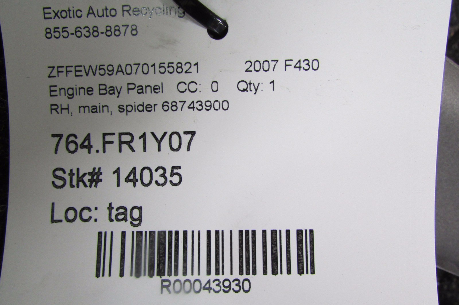 Ferrari F430 Spider, RH, Right Engine Bay Cover, Used, P/N 68743700