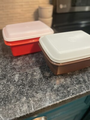 Vintage Tupperware Orange Paprika & Dark Brown Square Set Containers W/lids