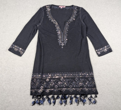 Calypso St Barth Women Dress Small 100% Linen Sequin Tassel Hem Coverup