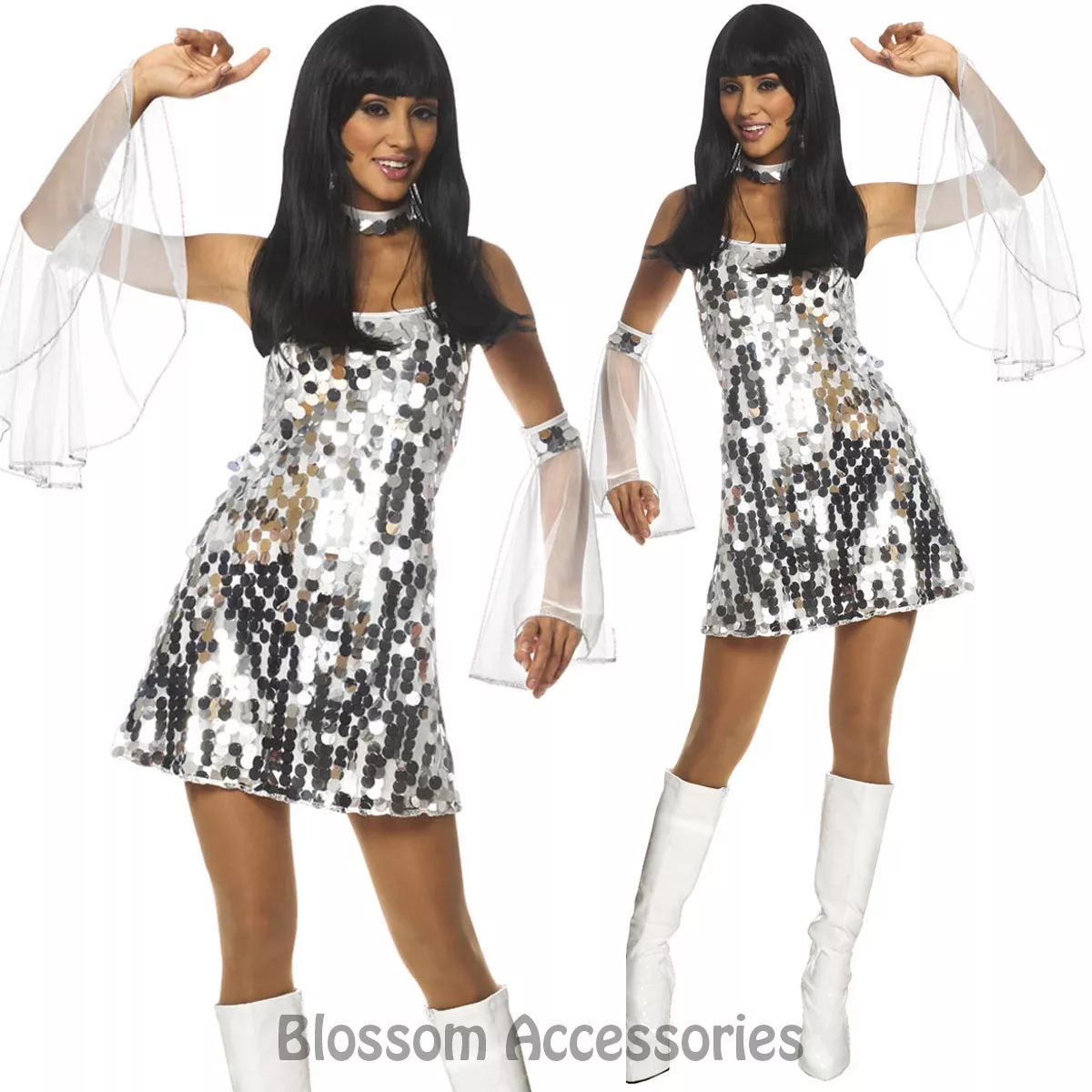 K5 60s 70s Go Go Retro Hippie Girl Dancing Groovy Party Silver Disco Costume