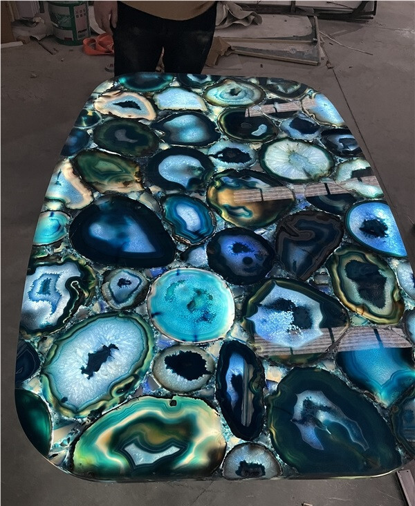 Blue Agate Gemstone Dining Table Top Handmade Artisan Kitchen Slab