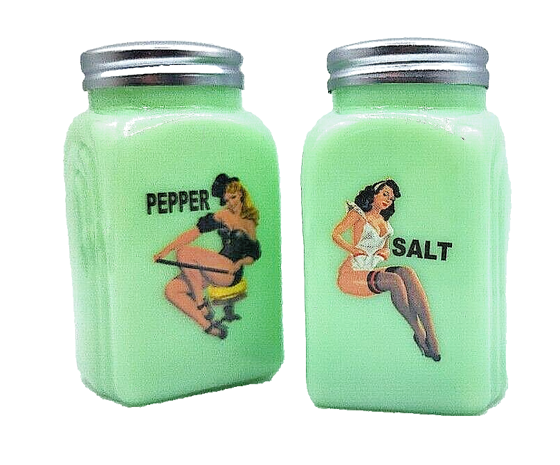JADEITE GREEN 1950's STYLE PIN-UP GIRLS GLASS SALT & PEPPER