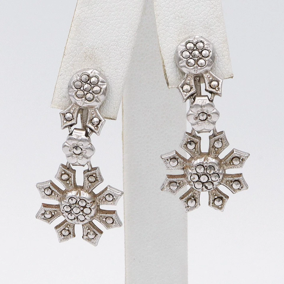 复古纯银 Marcasite 项链和螺丝背悬垂耳环套装 — 第 4/4 张图片