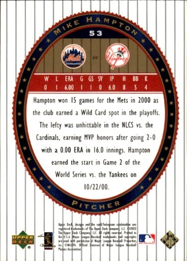 2002 Upper Deck World Series Heroes #53 Mike Hampton - Image 2 of 2