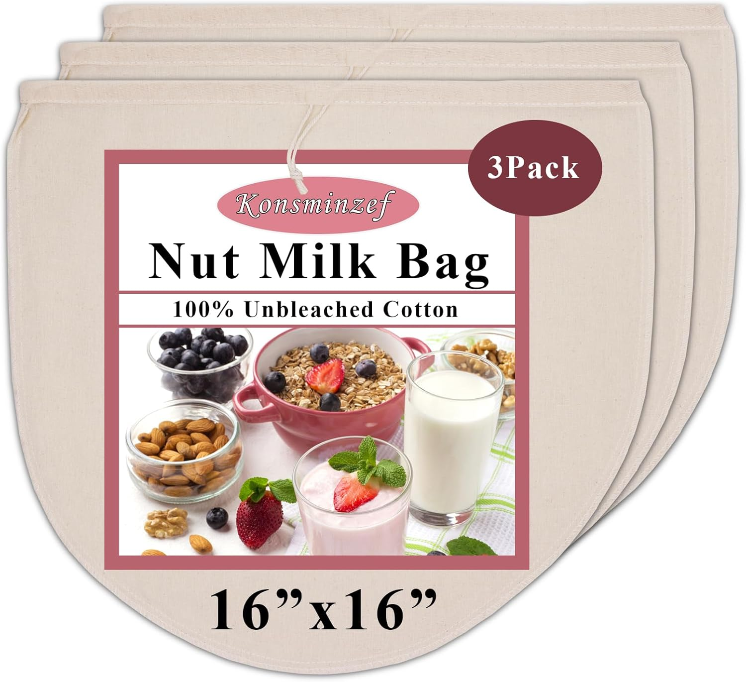 3 Pack 16x16 Reusable Nut Milk Bags, Unbleached Cheesecloth for Straining