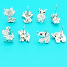 Real solid 925 Sterling Silver Small Stud CZ Earrings Elephant Dog Cat Owl Girls