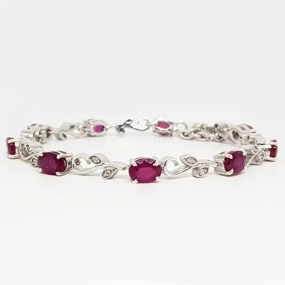 Simulated Pink Ruby 4.0Ct Oval Cut Women's Tennis Bracelet 14K White Gold Plated - Image 3 of 4
