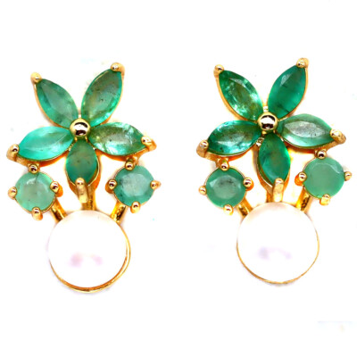 925 Sterling Silver 18K Gold Plated White Pearl Green Emerald  Earrings