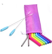Reusable Silicone Drinking Straws Food Grade Straw with Cleaning Brushes Sets
