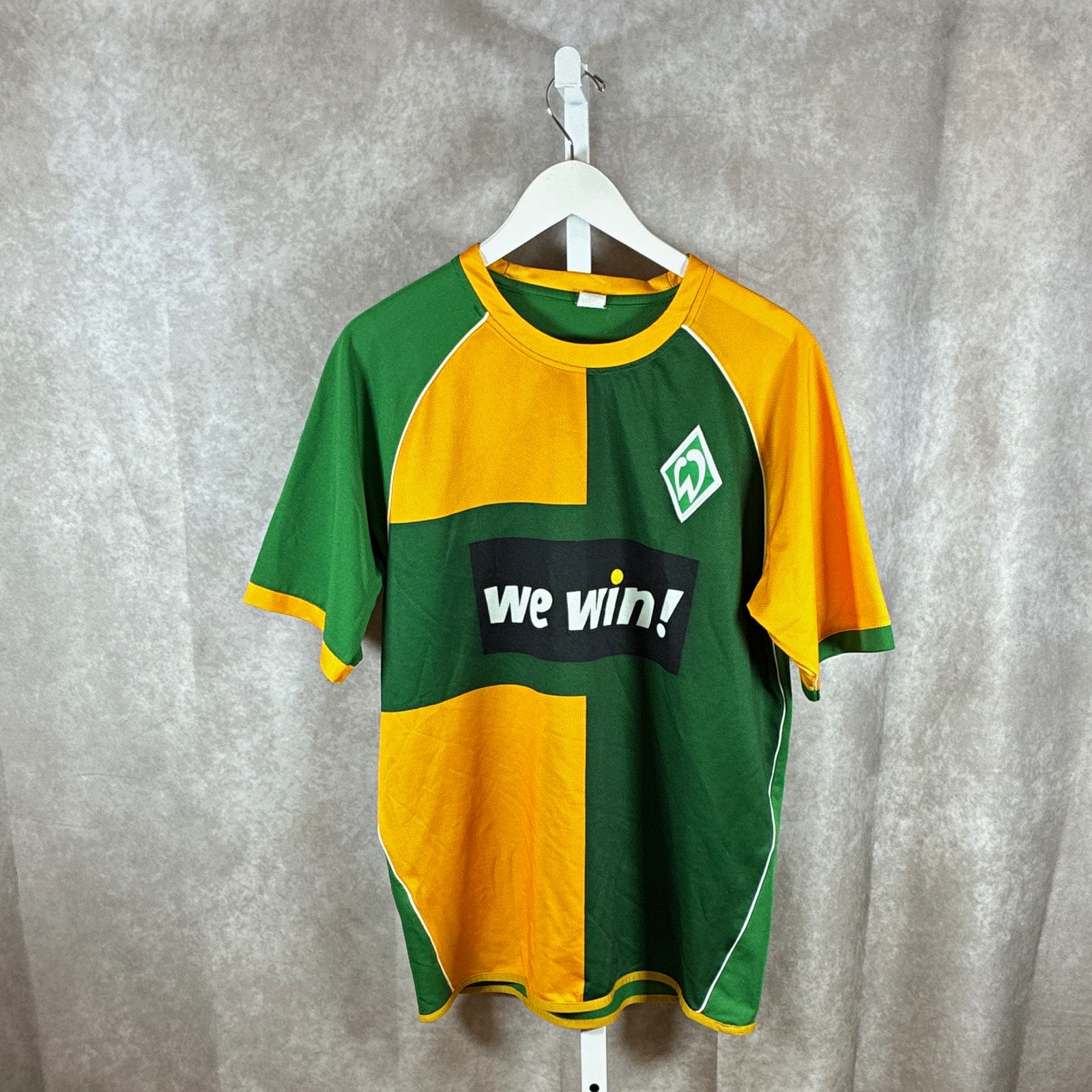 Vintage 2000s Werder Bremen Green Yellow #28 "We Win!" Soccer Jersey Shirt Team