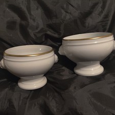 Apilco France 2 Porcelain Lions Head Soup Bowl Tureen Gold Rim White
